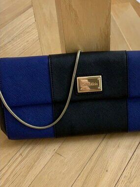 CALVIN KLEIN Black & Blue Color Block Saffiano Leather Shoulder / Clutch Bag